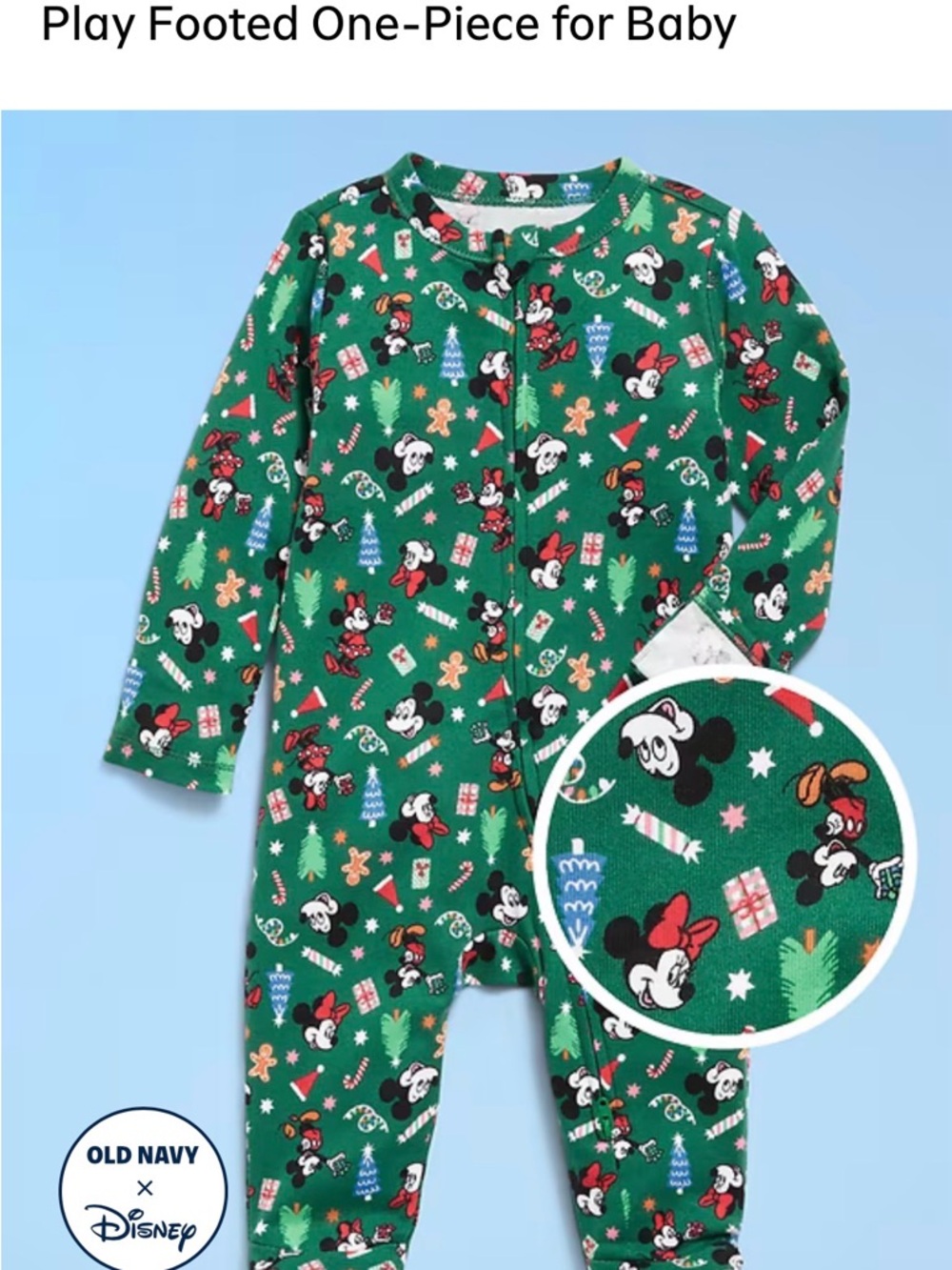 Old Navy x Disney Minnie Mouse Green Baby Footed One-Piece 0-3mos